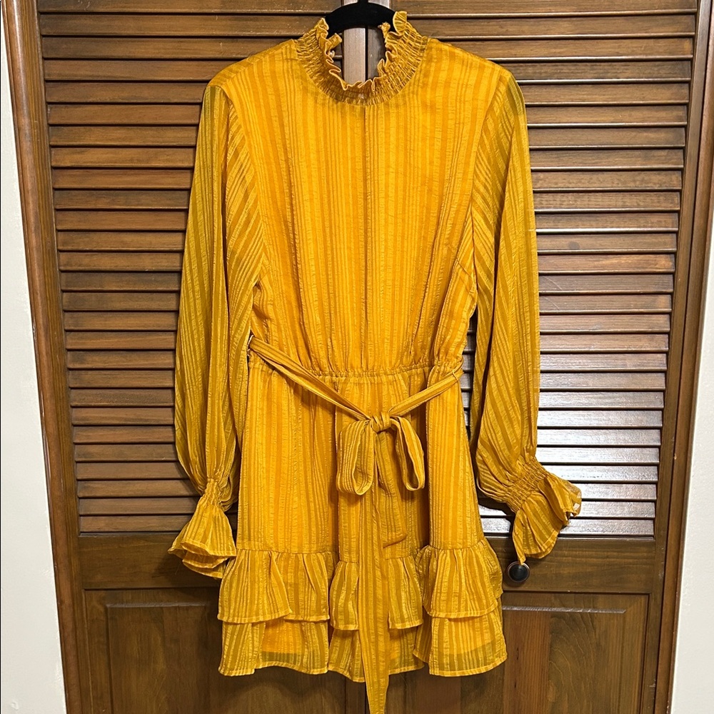 NWT Lulu's Mustard Gold Long Sleeve Ruffled Dress Size S - Picture 8 of 8